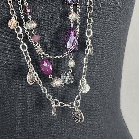 Premier Designs Silver Tone Three Strand Purple Silver Bead Coin 32" Necklace - Picture 4 of 16